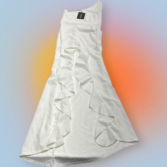PRETTY LITTLE THING Women’s 12 White ONE SHOULDER RUFFLE HEM MAXI DRESS - Picture 2 of 5